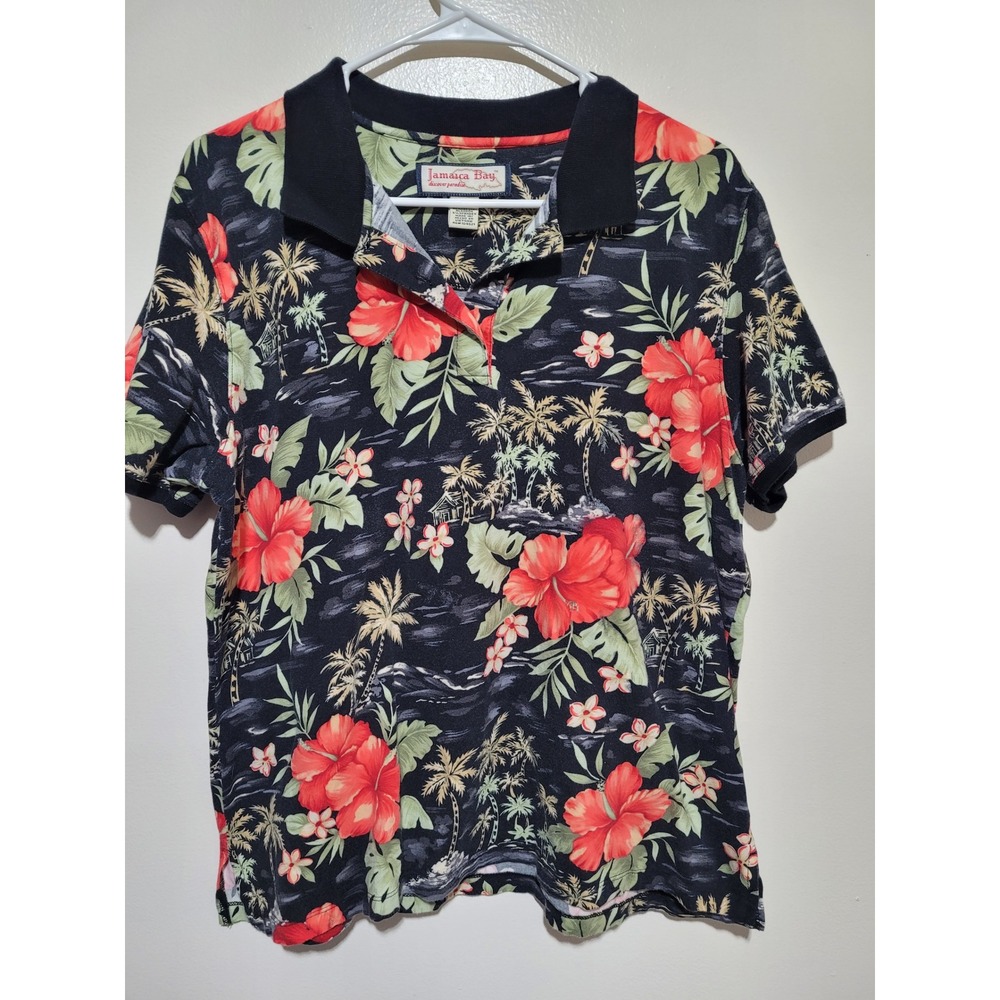 Jamaica Bay Polo Shirt Mens XL‎ Black Tropical Hibiscus Floral Print